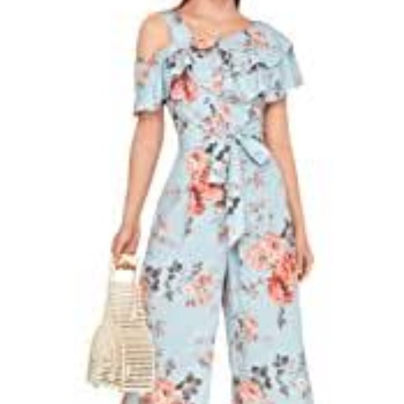 Women's Rose Floral Print Ruffle Hem Romper Short Sleeve Wide Leg Jumpsuit - Picture 3 of 13